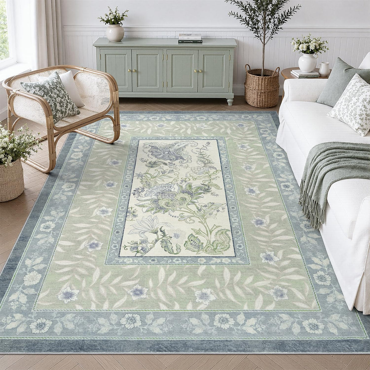 DCX 8x10 Area Rug Living Room: Washable Botanical Carpet Blue and Green