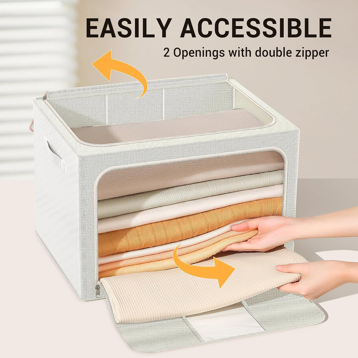 Clothes Storage Bins with Metal Frame, Foldable Clothes Organizers Storage Containers for Clothes, Sheets, Blankets, Pillows and Towels (24L, 3 Pack) Beige
