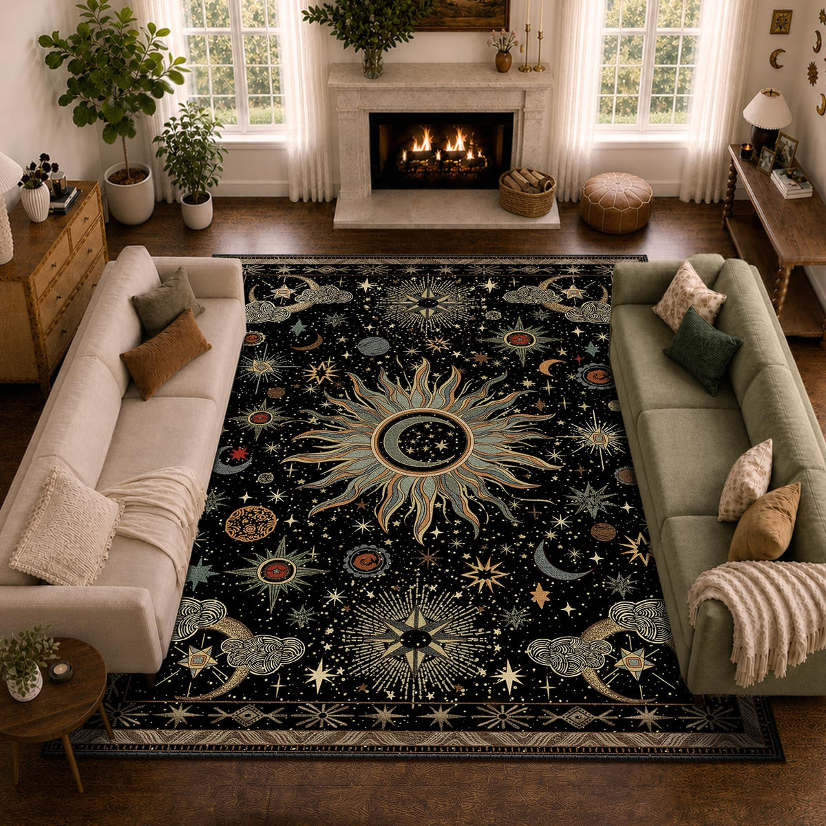 Vacuum-Friendly, 8x10 Washable Area Rug, Black Gold Beige Red