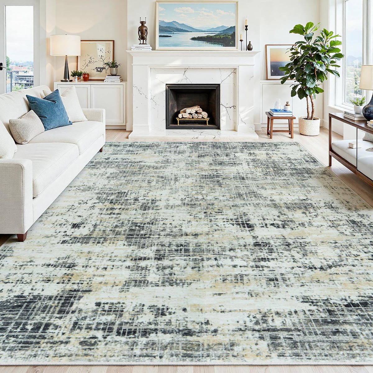 8x10 Washable Area Rug for Living Room Bedroom: Non-Slip Modern White Gray