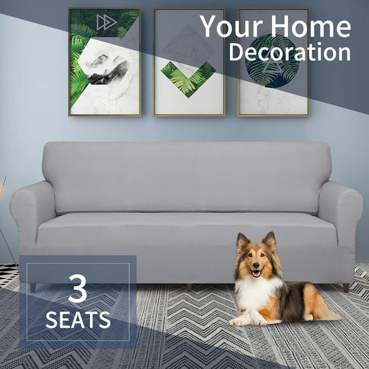 JIVINER High Stretch Couch Covers for 3 Cushion Couch 1-Piece Jacquard Sofa Slipcovers Anti Slip Sofa Cover with Elastic Bottom Furniture Protector for Kids Pets (Sofa, Light Gray and White)