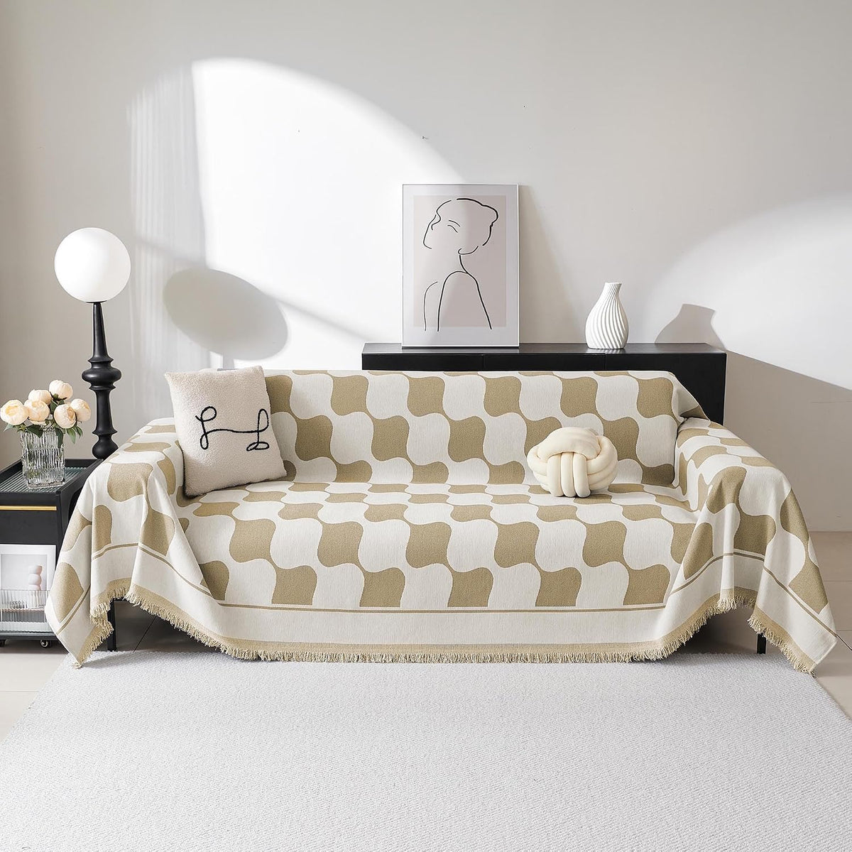 MEETSKY Couch Cover Sofa Covers Couch Covers for 3 Cushion Couch Sofa Pet Friendly, L Shaped Sectional Sofa Covers Washable Simply Put Sofa Throw Cover for Dogs, 91" x 134", Beige
