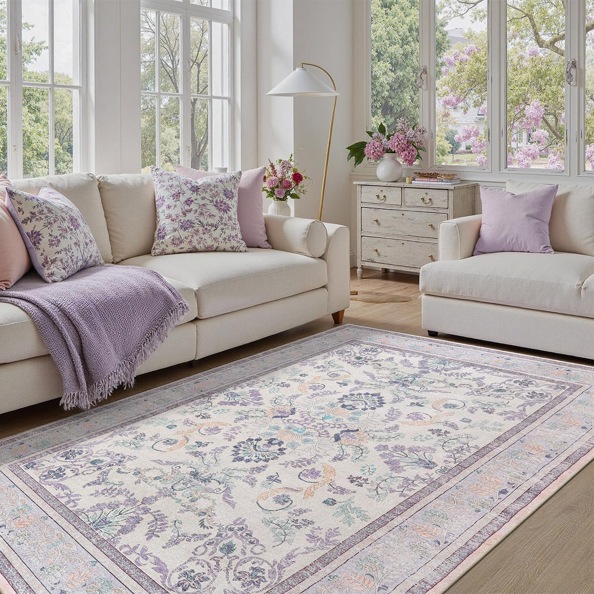 DCX 8x10 Area Rug Living Room: Washable Botanical Carpet Blue and Green