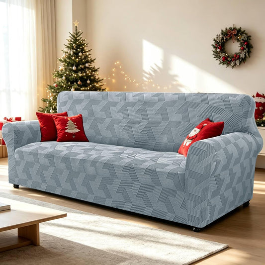 ZNSAYOTX Stretch Couch Covers for 3 Cushion Couch, 1-Piece Sofa Cover Slipcover Pet Friendly, Furniture Protector with Elastic Bottom for Dogs Geometrical Jacquard Fabric (Large, Light Grey)