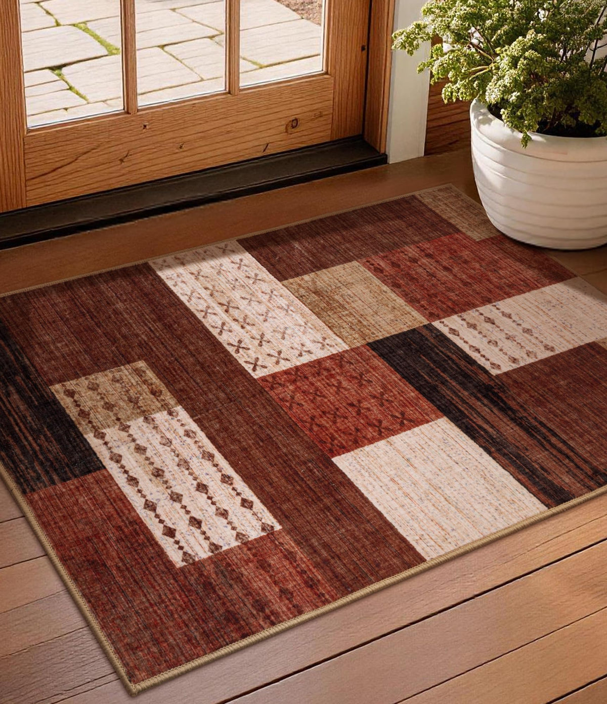 YIHOUSE Brown Modern 5x7 Area Rugs for Living Room, Washable Geometric Patchwork Rug for Bedroom Playroom Non Slip Low Pile, Southwestern Rustic Throw Carpet for Entryway Home Office