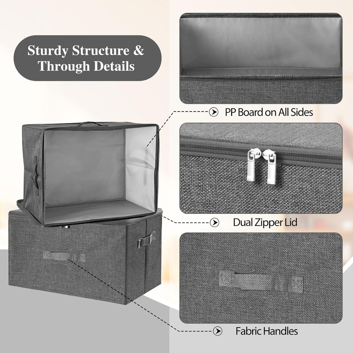 ANMINY Fabric Storage Bins with Zipper Lids, 15"x10"x6", Gray, 1 PCS