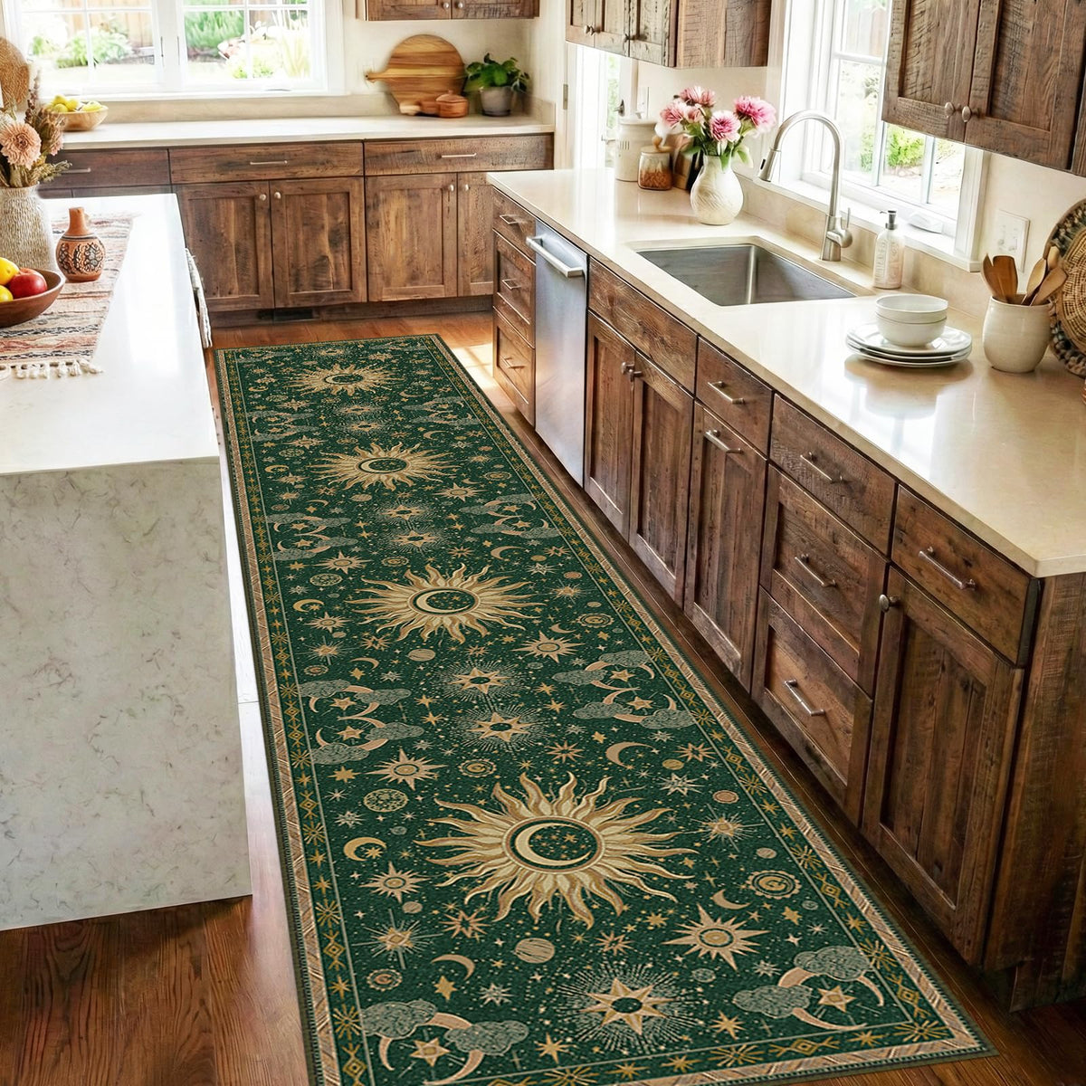 Vacuum-Friendly, 8x10 Washable Area Rug, Black Gold Beige Red