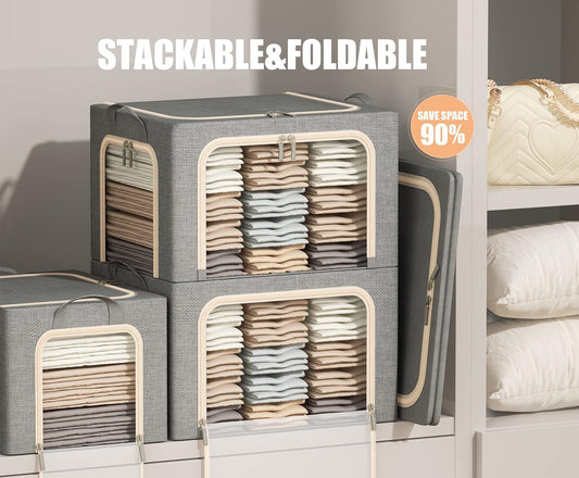 3 Openings Clothes Storage Bins with Metal Frame, Foldable Storage Bin for Clothes, Clothing Storage Bins with Lid, Linen Storage Box With Clear Window& Zippers& Durable Handles.(3 Pcs,Light Grey,40L)