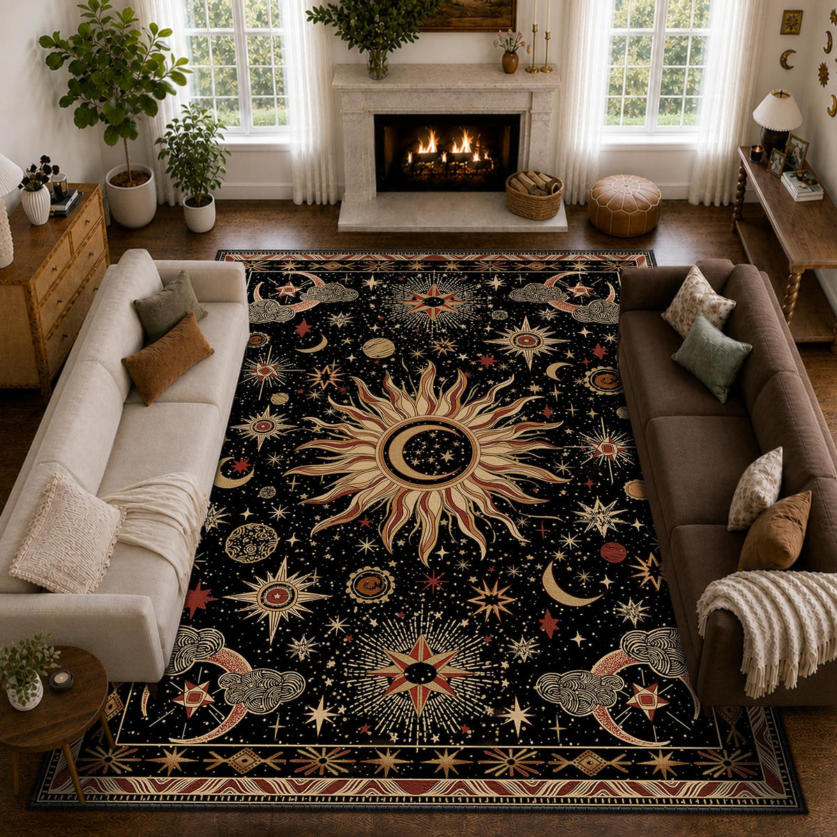 Vacuum-Friendly, 8x10 Washable Area Rug, Black Gold Beige Red