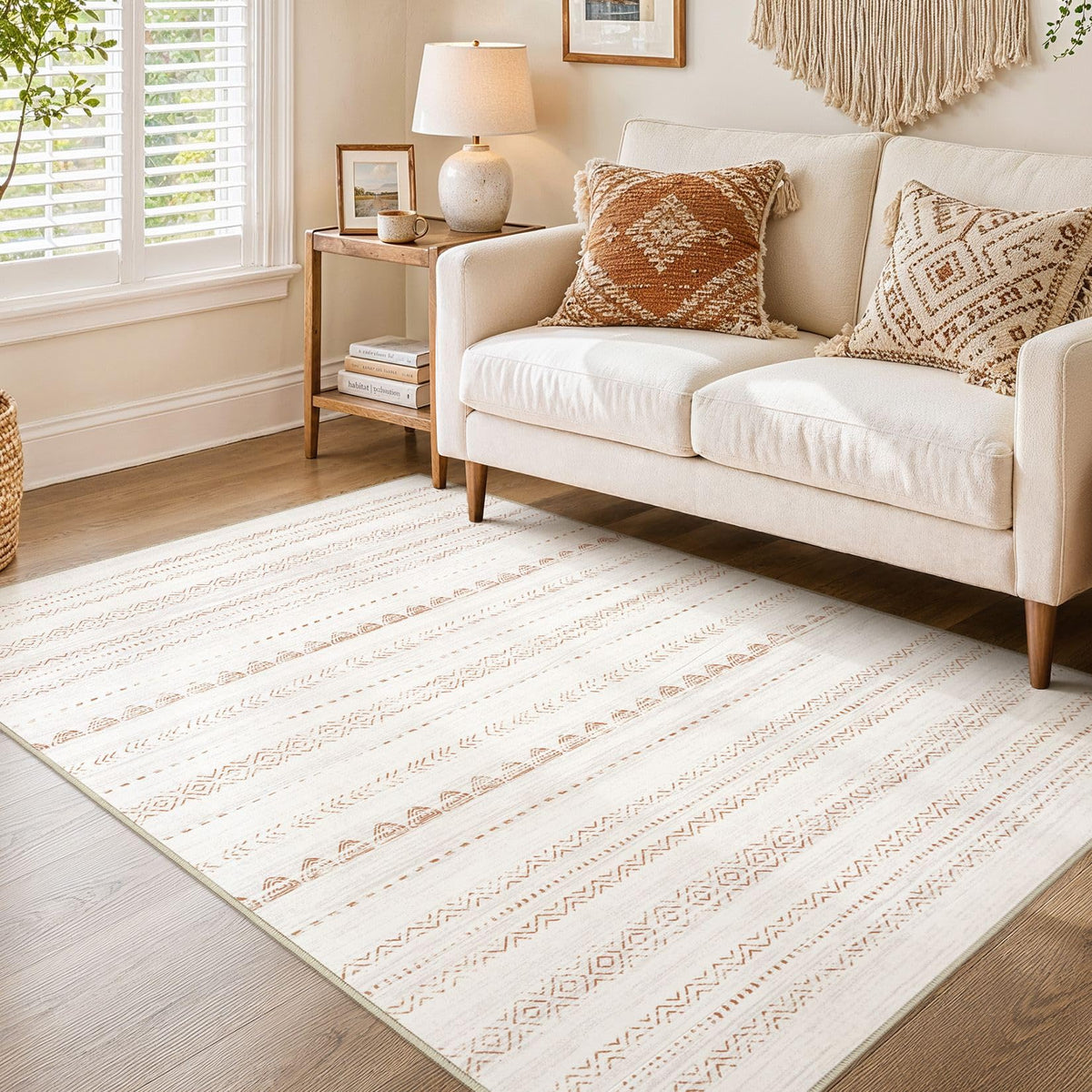 Nakagishi 10X14 Area Rugs for Living Room: Washable Modern Abstract Rug with Non-Slip Silicone Backing Low Pile Soft Carpet for Bedroom & Dining Decor Ideal for Families with Kids and Pets-Brown