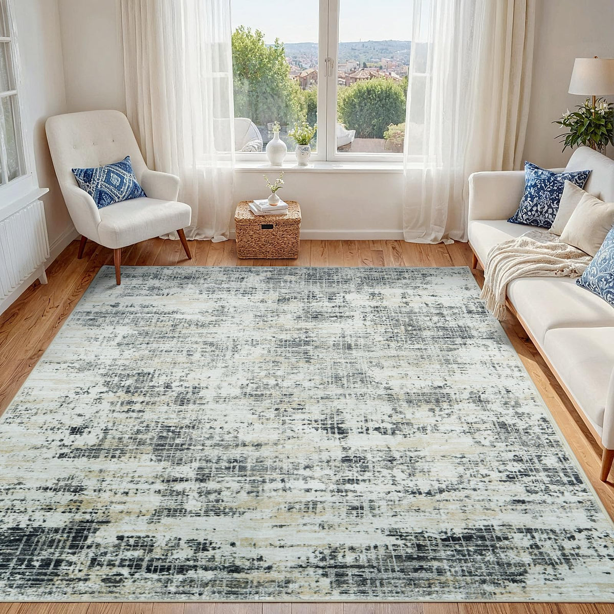 8x10 Washable Area Rug for Living Room Bedroom: Non-Slip Modern White Gray