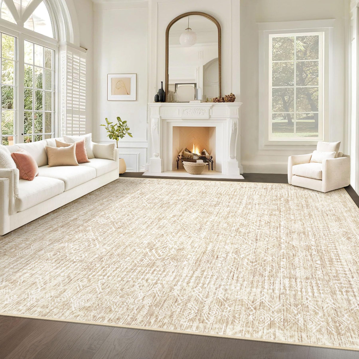 Living Room Rugs 8x10: Washable Moroccan Geometric Boho Rug Farmhouse Non Slip Stain Resistant Large Rug Low Pile Soft Carpet for Bedroom Dining Room Children Room (Beige,8'x10')