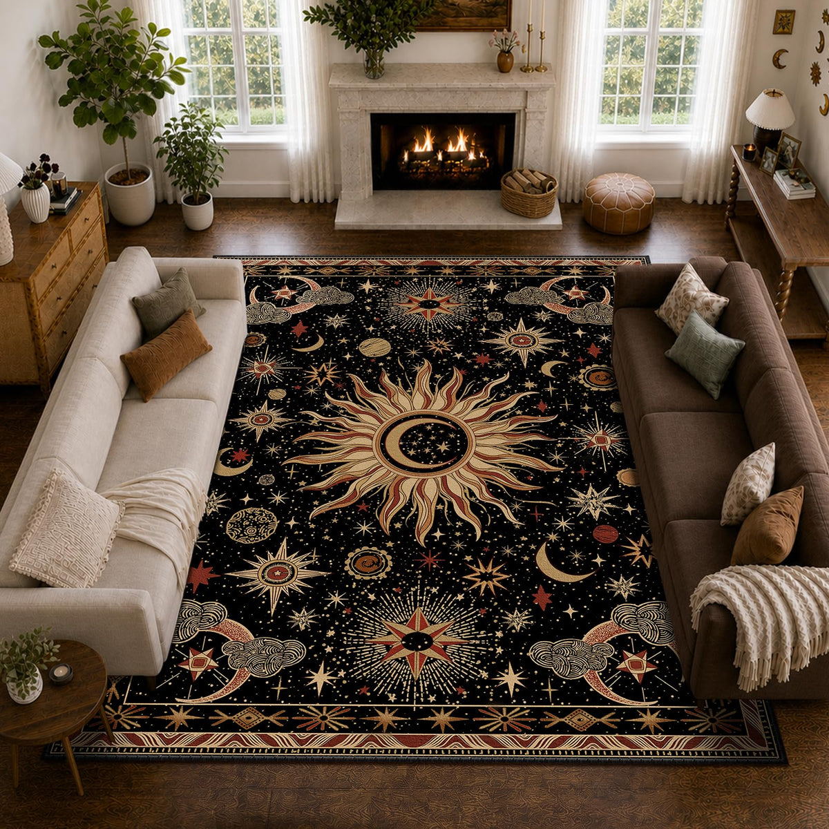 Vacuum-Friendly, 8x10 Washable Area Rug, Black Gold Beige Red