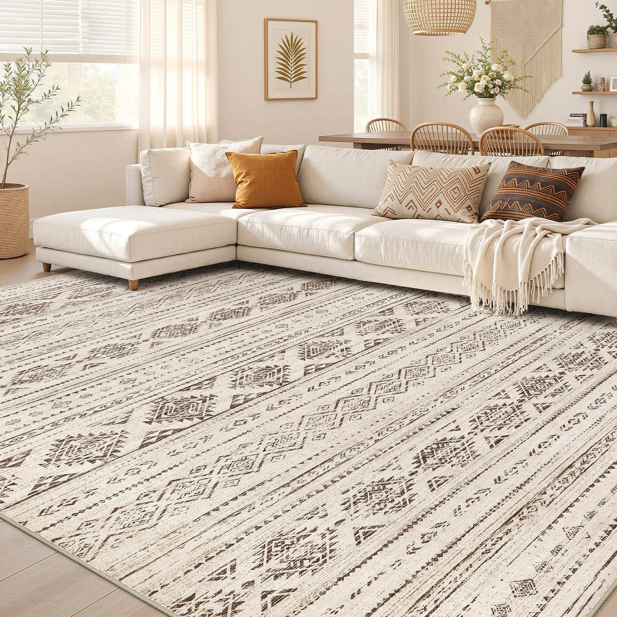 Nakagishi 10X14 Area Rugs for Living Room: Washable Modern Abstract Rug with Non-Slip Silicone Backing Low Pile Soft Carpet for Bedroom & Dining Decor Ideal for Families with Kids and Pets-Brown