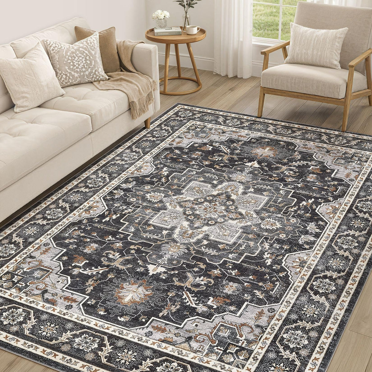 cotiled 9x12 Area Rug for Living Room, Washable, Traditional, Beige