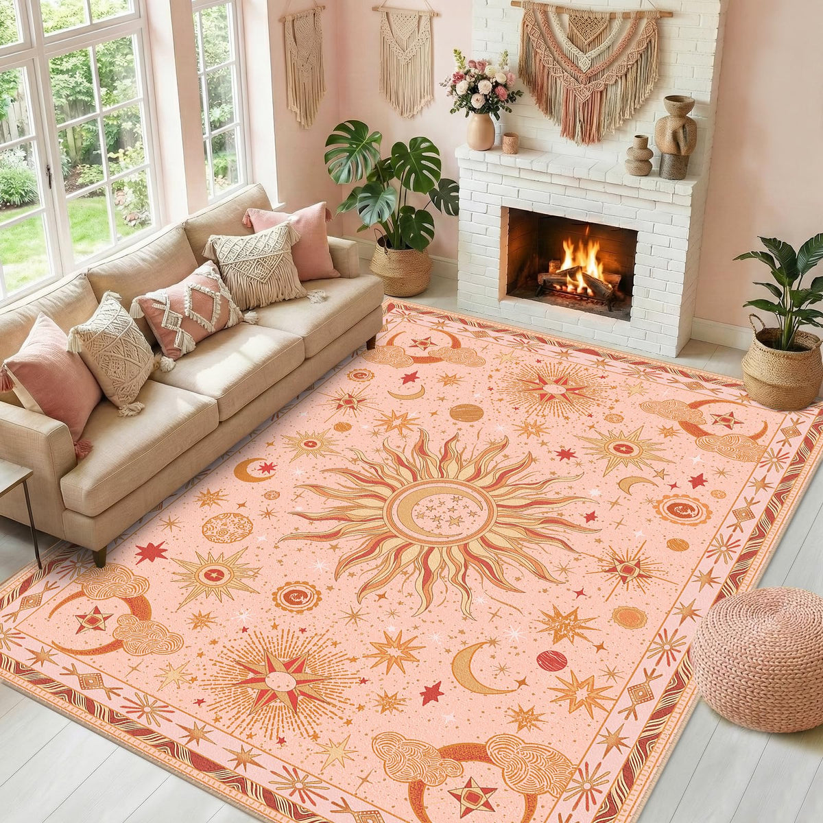 Vacuum-Friendly, 8x10 Washable Area Rug, Black Gold Beige Red