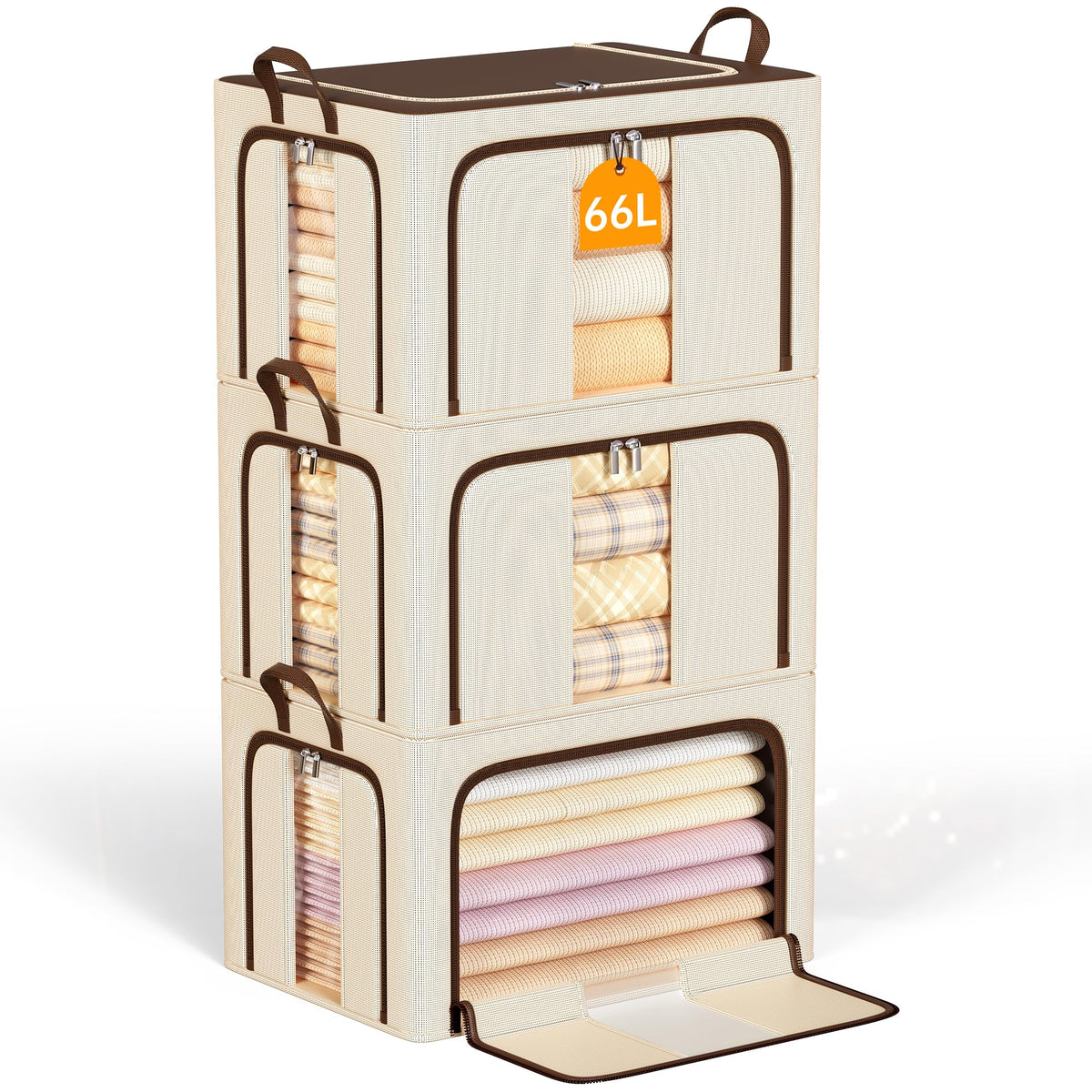 Clothes Storage Bins with Metal Frame, Foldable Clothes Organizers Storage Containers for Clothes, Sheets, Blankets, Pillows and Towels (24L, 3 Pack) Beige