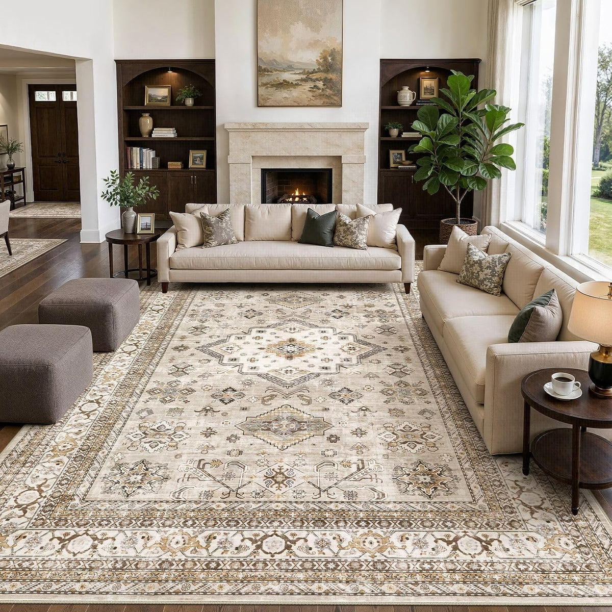 cotiled 9x12 Area Rug for Living Room, Washable, Traditional, Beige