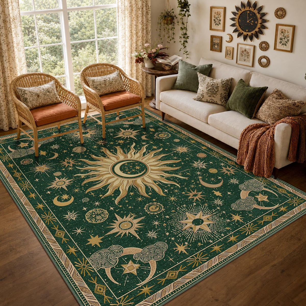 Vacuum-Friendly, 8x10 Washable Area Rug, Black Gold Beige Red