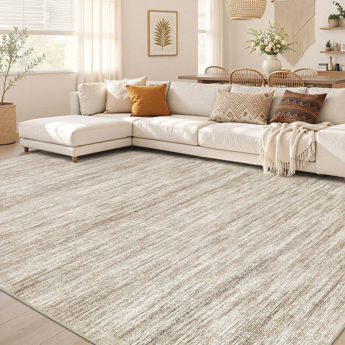 Nakagishi 10X14 Area Rugs for Living Room: Washable Modern Abstract Rug with Non-Slip Silicone Backing Low Pile Soft Carpet for Bedroom & Dining Decor Ideal for Families with Kids and Pets-Brown