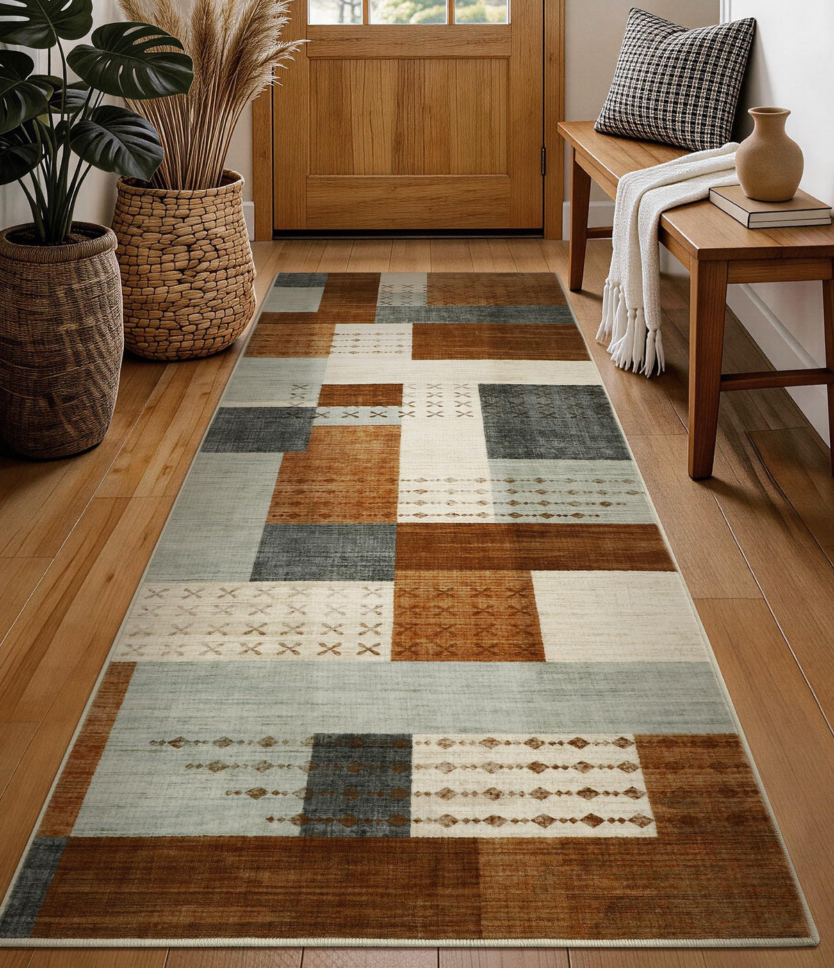 YIHOUSE Brown Modern 5x7 Area Rugs for Living Room, Washable Geometric Patchwork Rug for Bedroom Playroom Non Slip Low Pile, Southwestern Rustic Throw Carpet for Entryway Home Office