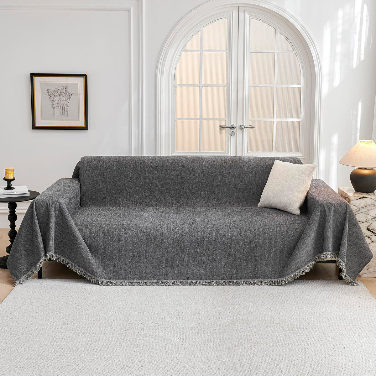 MYSKY HOME Sofa Covers for 2 Cushion Couch L Shaped Couch Cover Washable Couch Cover with Tassels Boho Couch Covers Non Slip Super Universal Soft Sofa Slipcover for Kids, Dogs, Pets, 71"x118", White