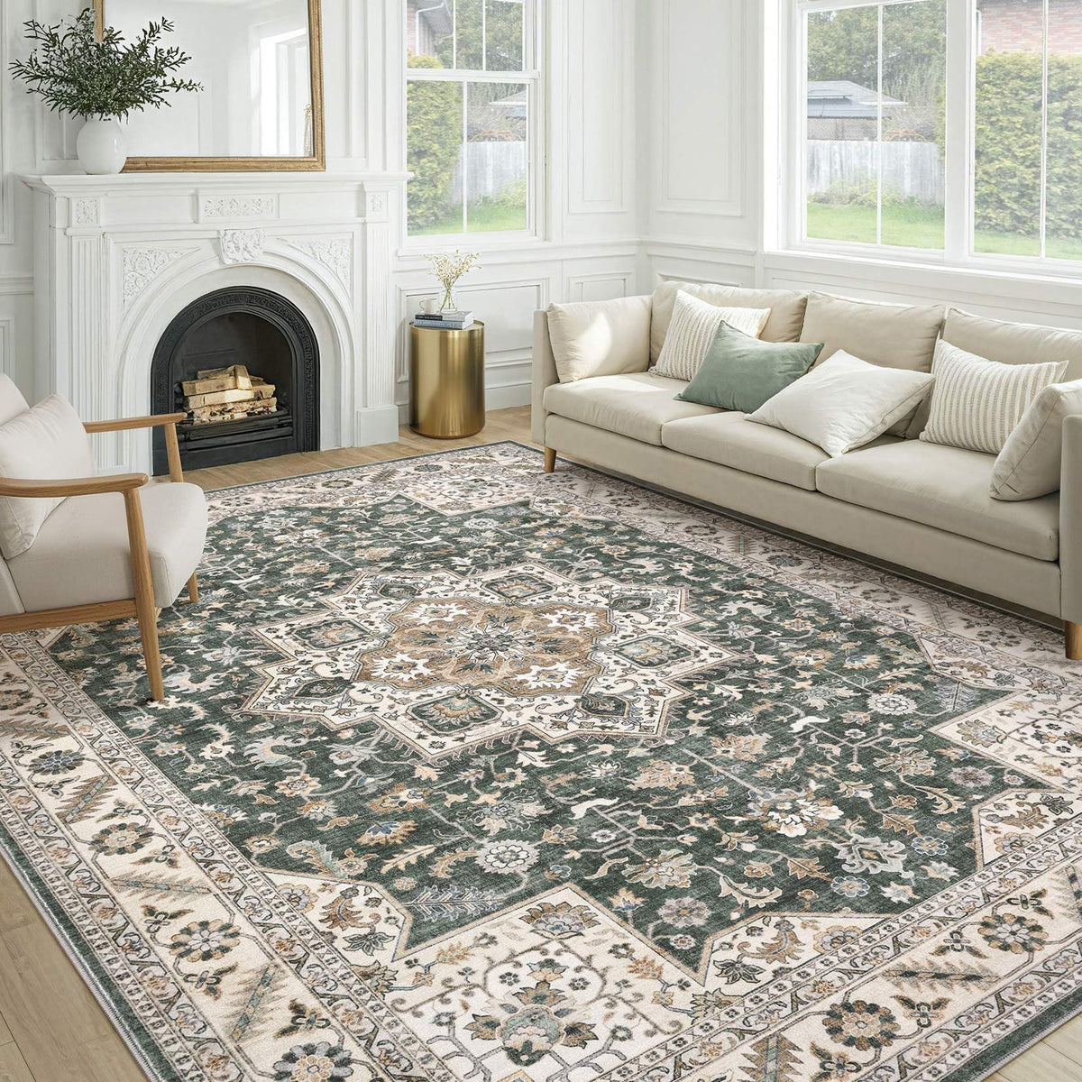 cotiled 9x12 Area Rug for Living Room, Washable, Traditional, Beige