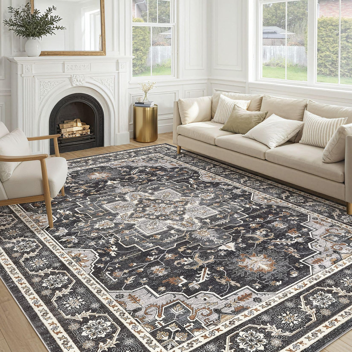 cotiled 9x12 Area Rug for Living Room, Washable, Traditional, Beige