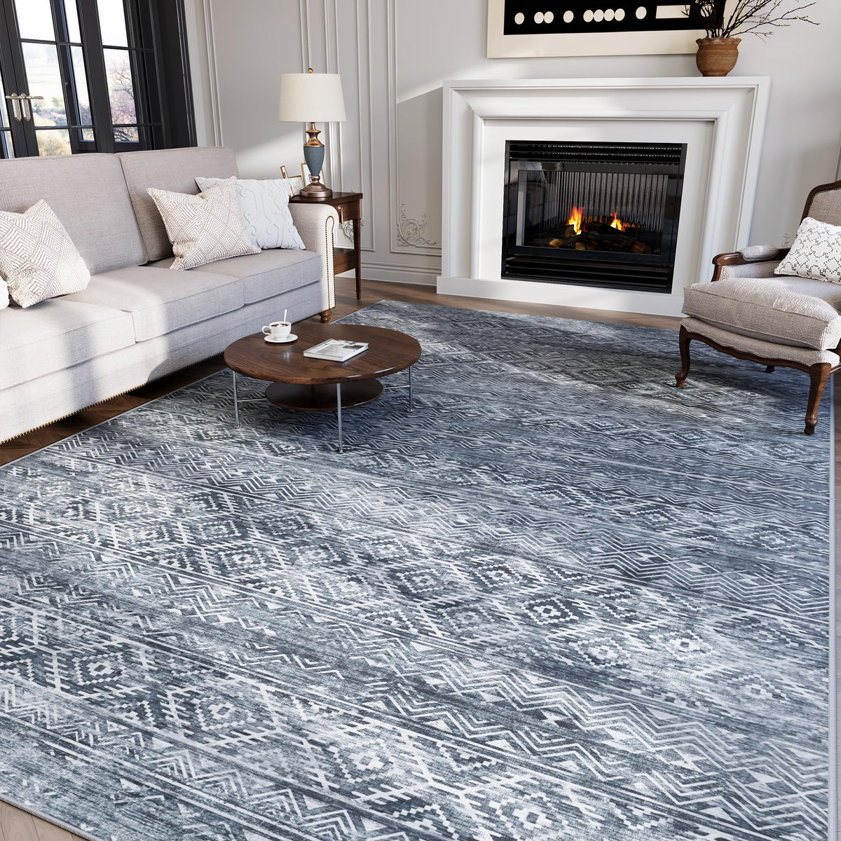 8x10 Washable Area Rug for Living Room Bedroom: Non-Slip Modern White Gray