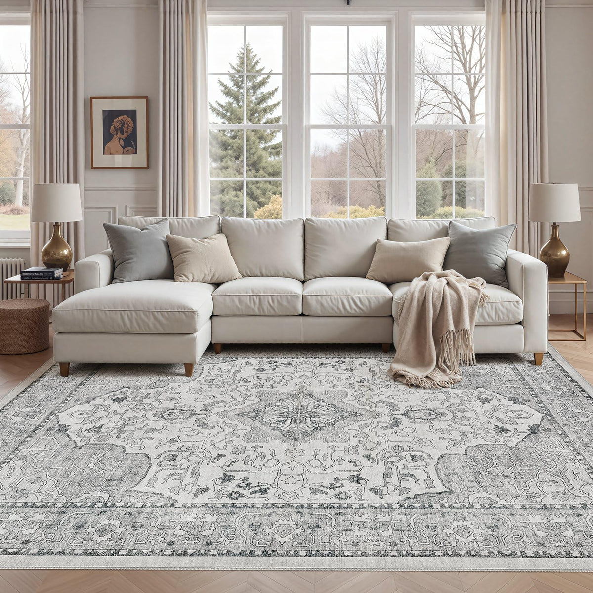 cotiled 9x12 Area Rug for Living Room, Washable, Traditional, Beige