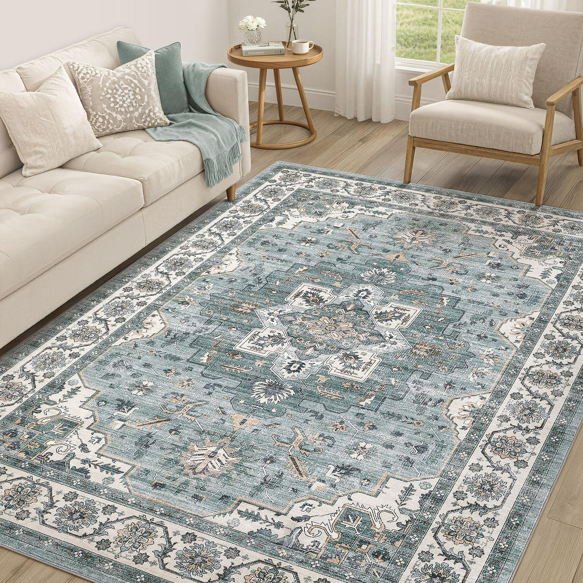 cotiled 9x12 Area Rug for Living Room, Washable, Traditional, Beige