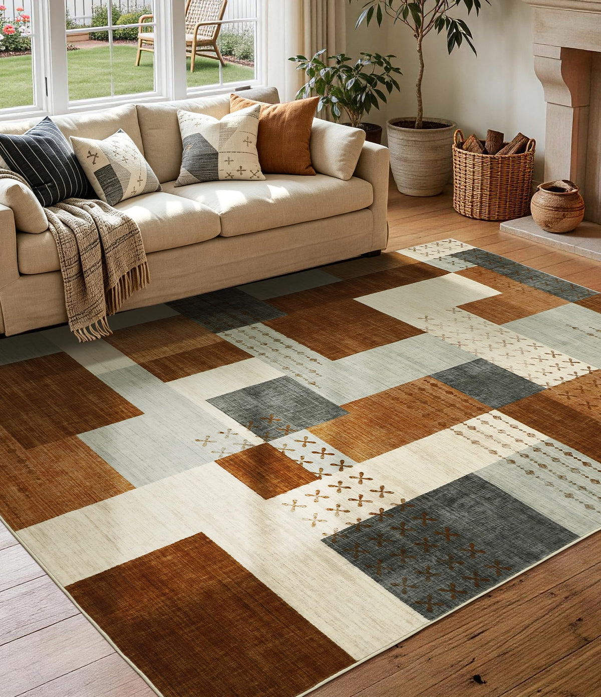 YIHOUSE Brown Modern 5x7 Area Rugs for Living Room, Washable Geometric Patchwork Rug for Bedroom Playroom Non Slip Low Pile, Southwestern Rustic Throw Carpet for Entryway Home Office