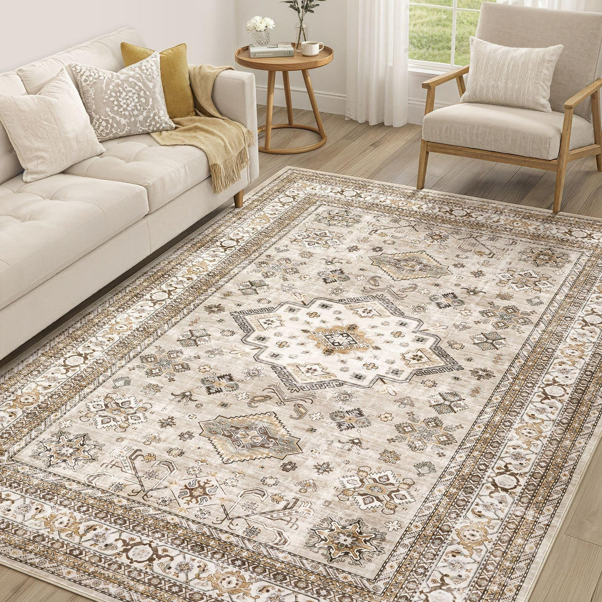 cotiled 9x12 Area Rug for Living Room, Washable, Traditional, Beige