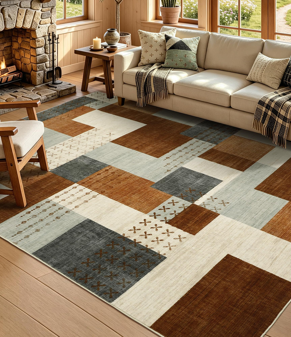 YIHOUSE Brown Modern 5x7 Area Rugs for Living Room, Washable Geometric Patchwork Rug for Bedroom Playroom Non Slip Low Pile, Southwestern Rustic Throw Carpet for Entryway Home Office