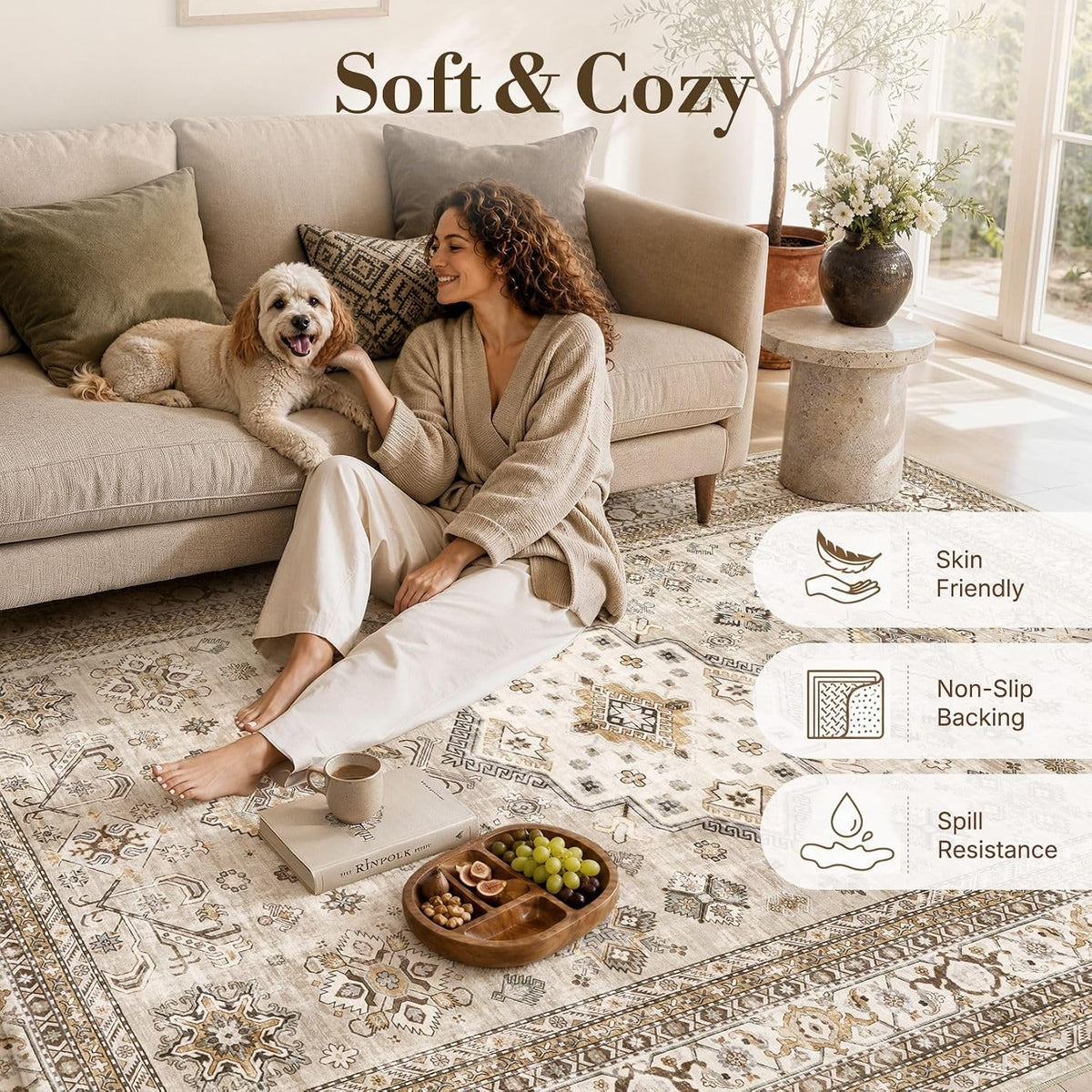 cotiled 9x12 Area Rug for Living Room, Washable, Traditional, Beige