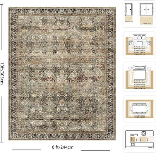 8x10 Area Rugs for Living Room - Washable Vintage Retro Large Rug, Soft Ultra Thin Non Slip Low Pile Traditional Distressed Boho Carpet for Bedroom Dining Room Home Office, Charcoal Olive