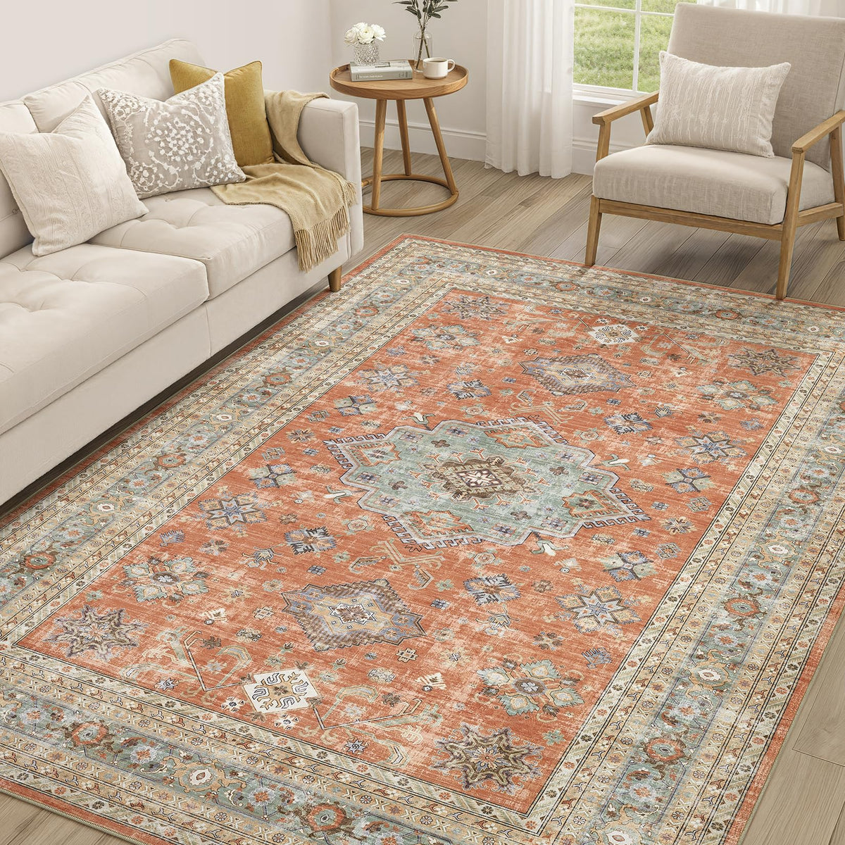 cotiled 9x12 Area Rug for Living Room, Washable, Traditional, Beige