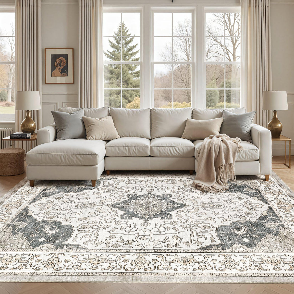 cotiled 9x12 Area Rug for Living Room, Washable, Traditional, Beige