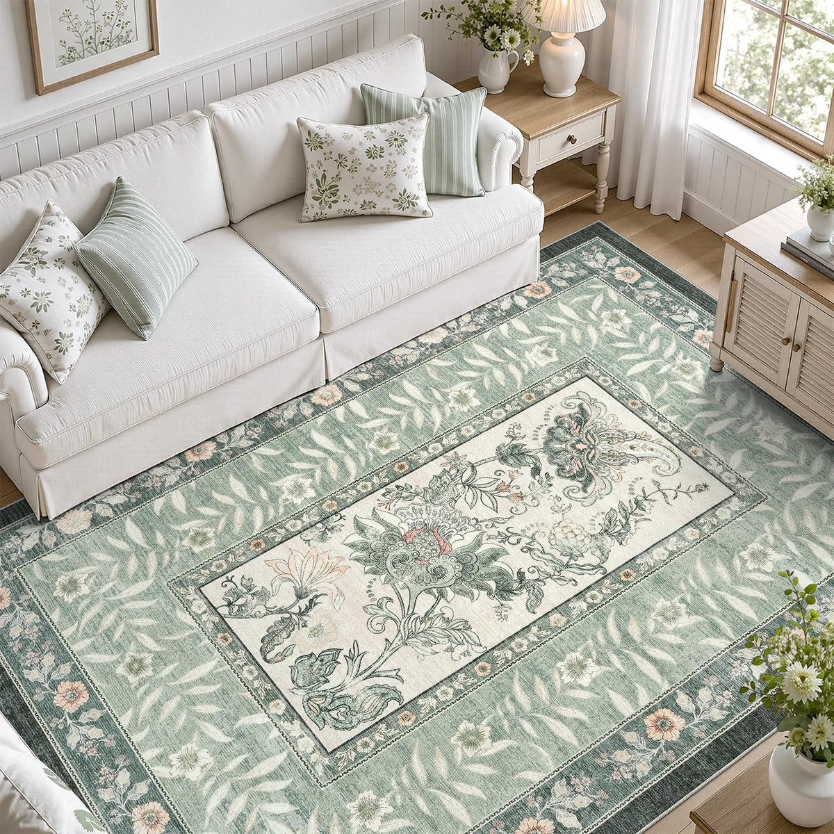 DCX 8x10 Area Rug Living Room: Washable Botanical Carpet Blue and Green