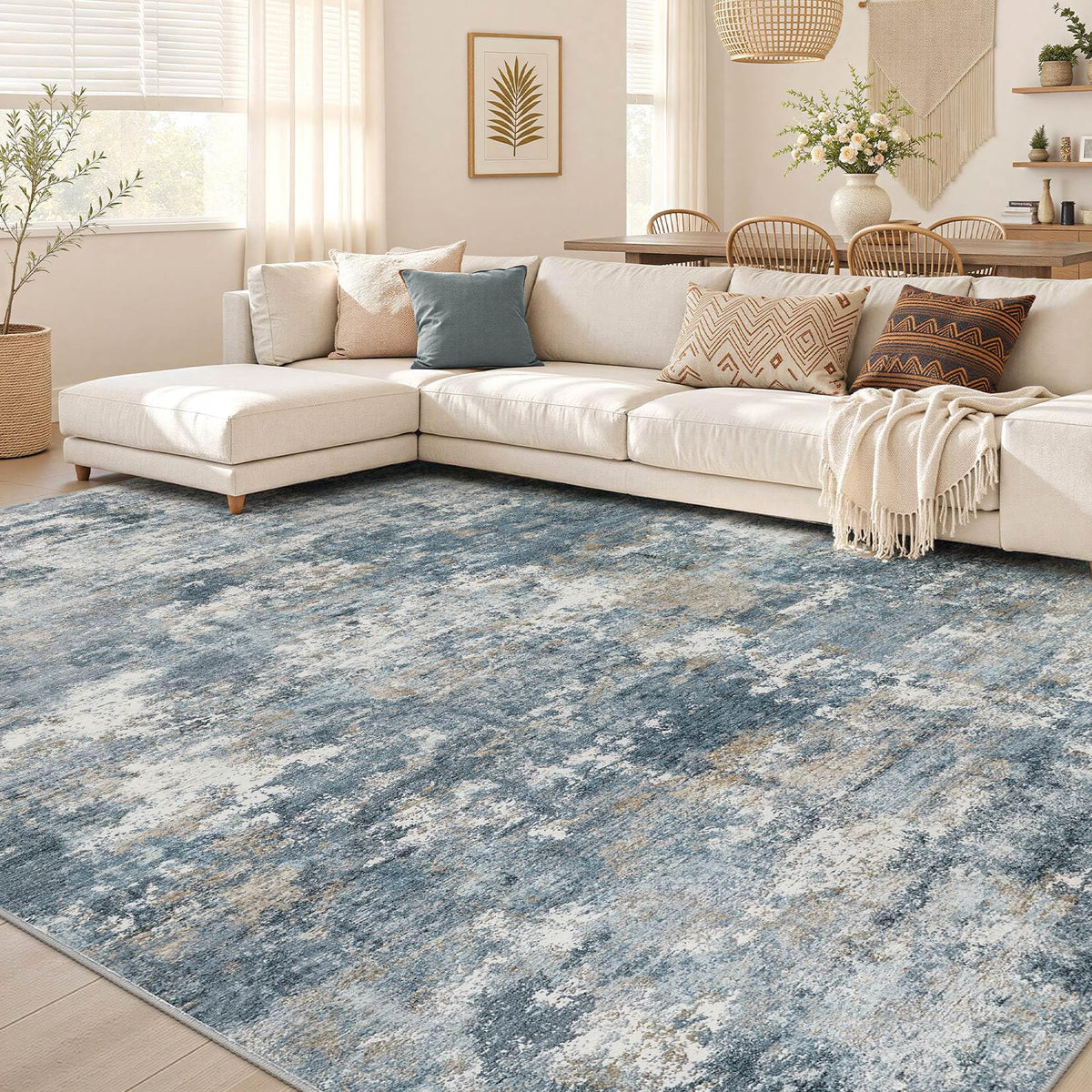 Nakagishi 10X14 Area Rugs for Living Room: Washable Modern Abstract Rug with Non-Slip Silicone Backing Low Pile Soft Carpet for Bedroom & Dining Decor Ideal for Families with Kids and Pets-Brown