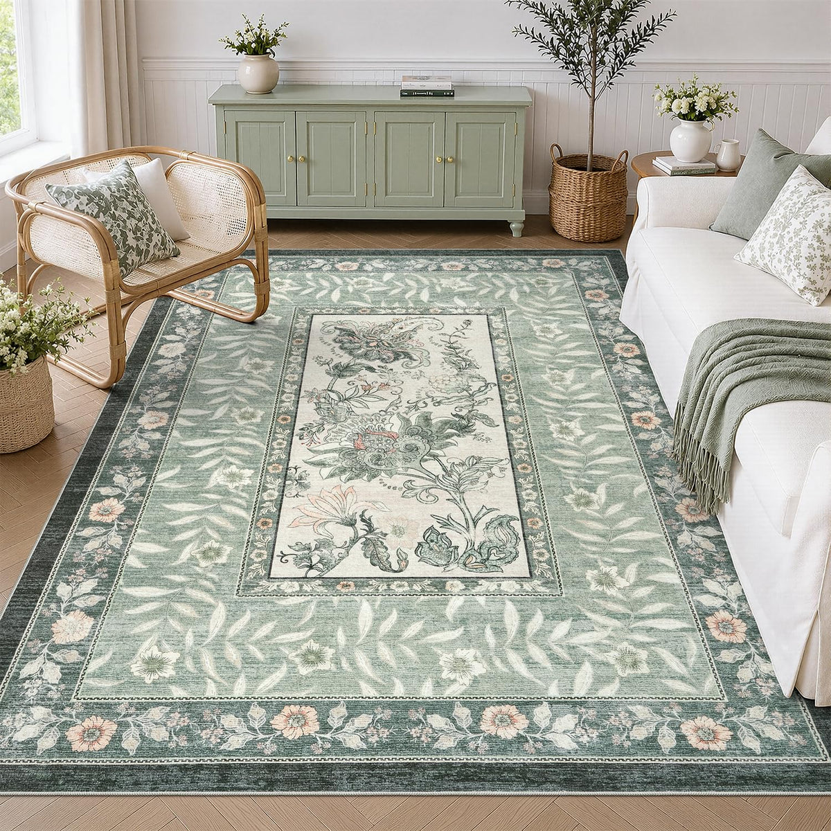 DCX 8x10 Area Rug Living Room: Washable Botanical Carpet Blue and Green