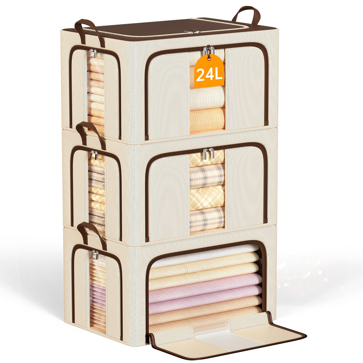 Clothes Storage Bins with Metal Frame, Foldable Clothes Organizers Storage Containers for Clothes, Sheets, Blankets, Pillows and Towels (24L, 3 Pack) Beige