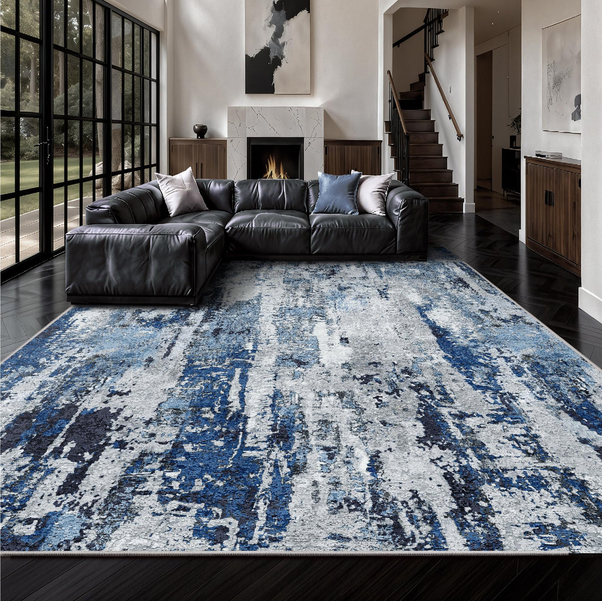 8x10 Area Rugs, Abstract Morden Soft Washable Rug, Non-Slip Low Pile Rugs for Living Room, Bedroom, Dining Room, Home, Office(Ocean Blue)