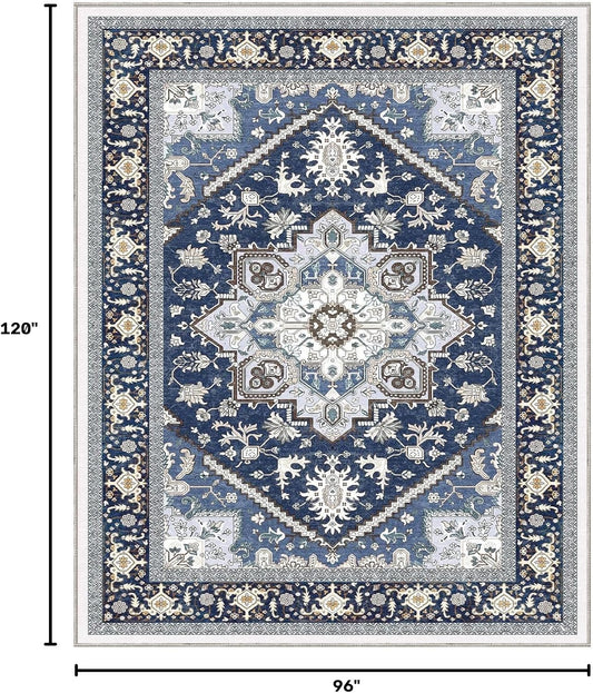 OPPODREAM Soft Area Rugs 8x10, Persian-Inspired Washable Rug, Blue & Gold