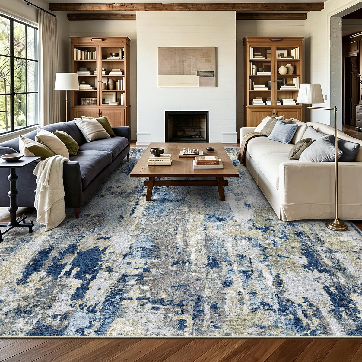 8x10 Area Rugs, Abstract Morden Soft Washable Rug, Non-Slip Low Pile Rugs for Living Room, Bedroom, Dining Room, Home, Office(Ocean Blue)