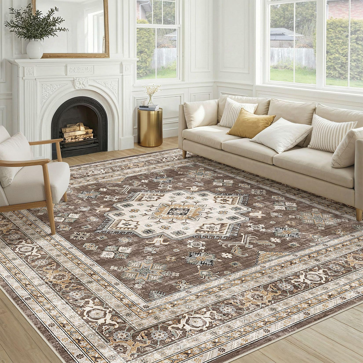 cotiled 9x12 Area Rug for Living Room, Washable, Traditional, Beige