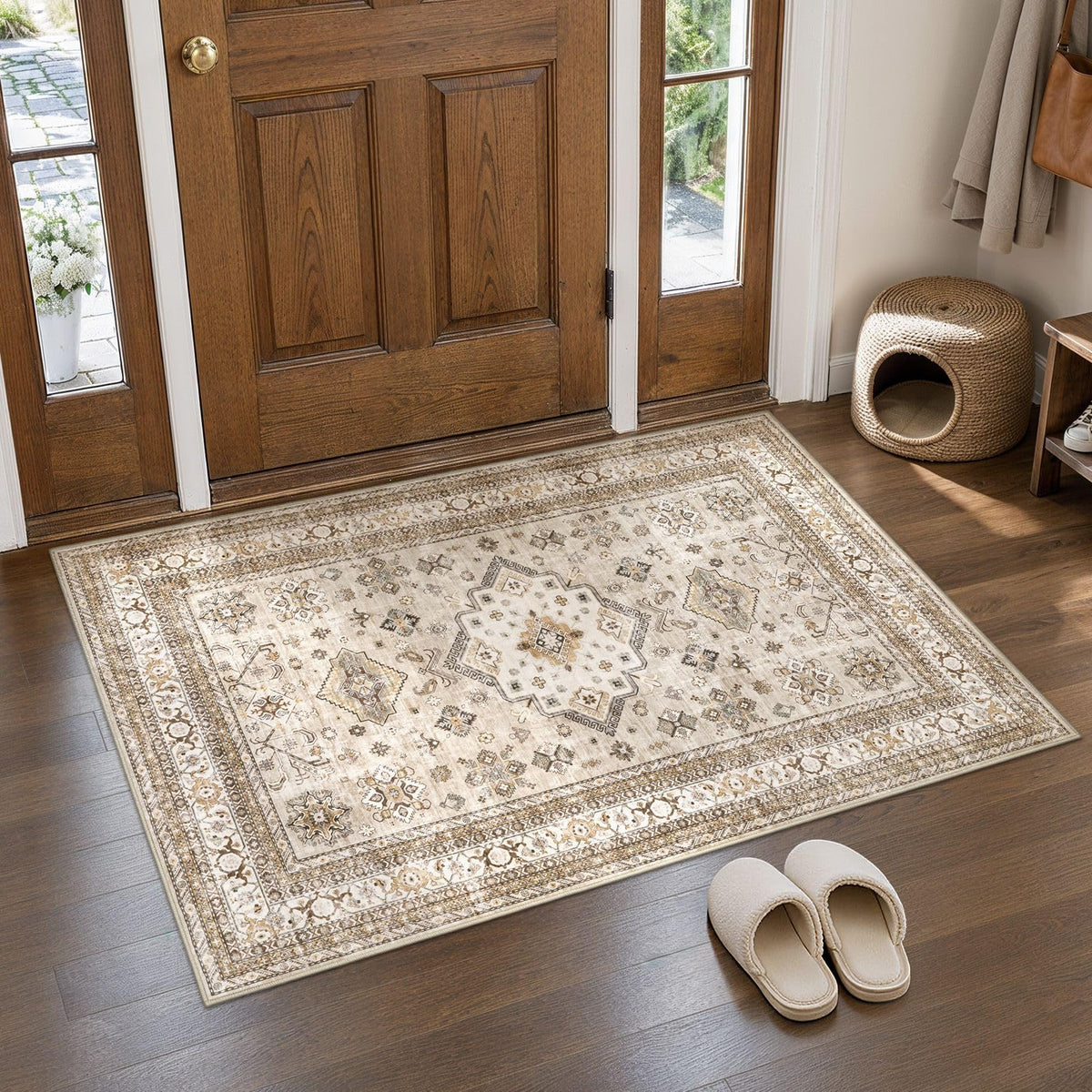 cotiled 9x12 Area Rug for Living Room, Washable, Traditional, Beige