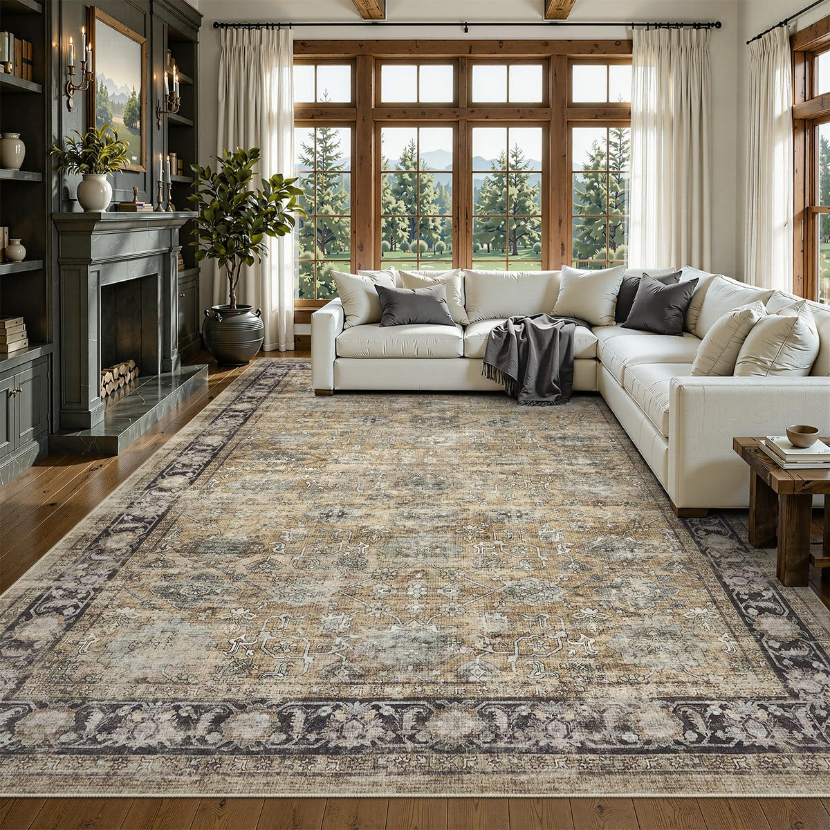 DCX 8x10 Area Rug Living Room: Washable Botanical Carpet Blue and Green