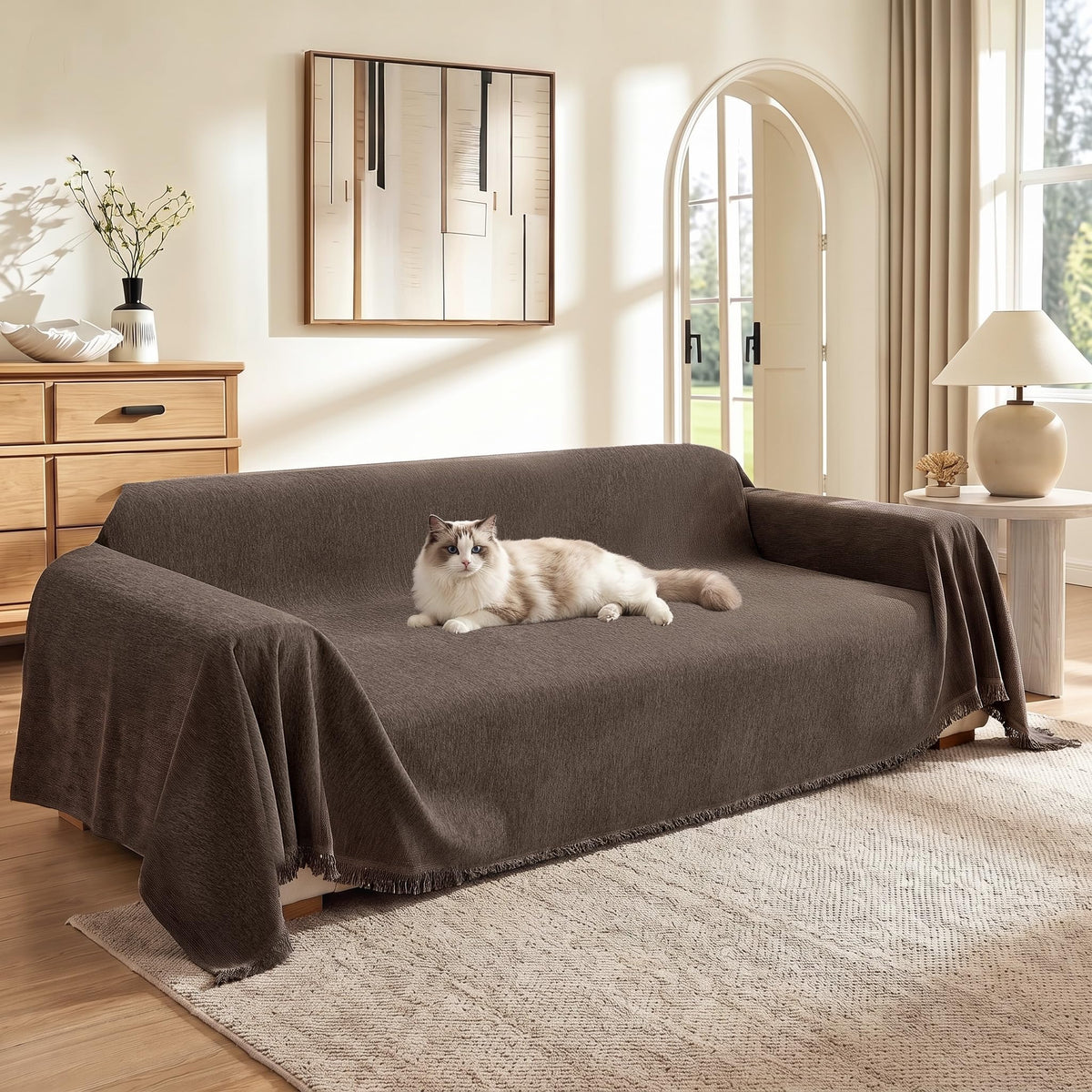 MEETSKY Couch Cover Sofa Covers Couch Covers for 3 Cushion Couch Sofa Pet Friendly, L Shaped Sectional Sofa Covers Washable Simply Put Sofa Throw Cover for Dogs, 91" x 134", Beige