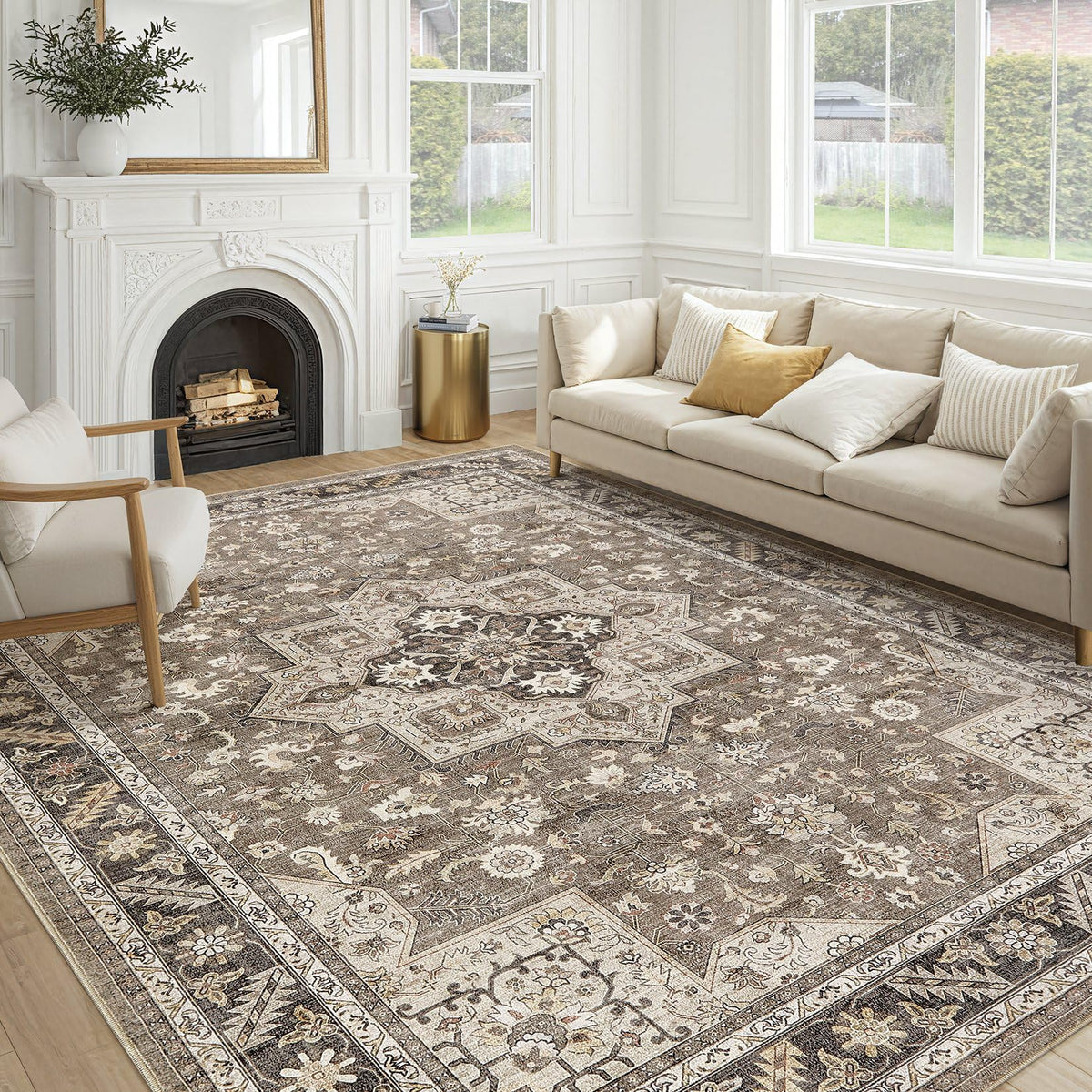 cotiled 9x12 Area Rug for Living Room, Washable, Traditional, Beige
